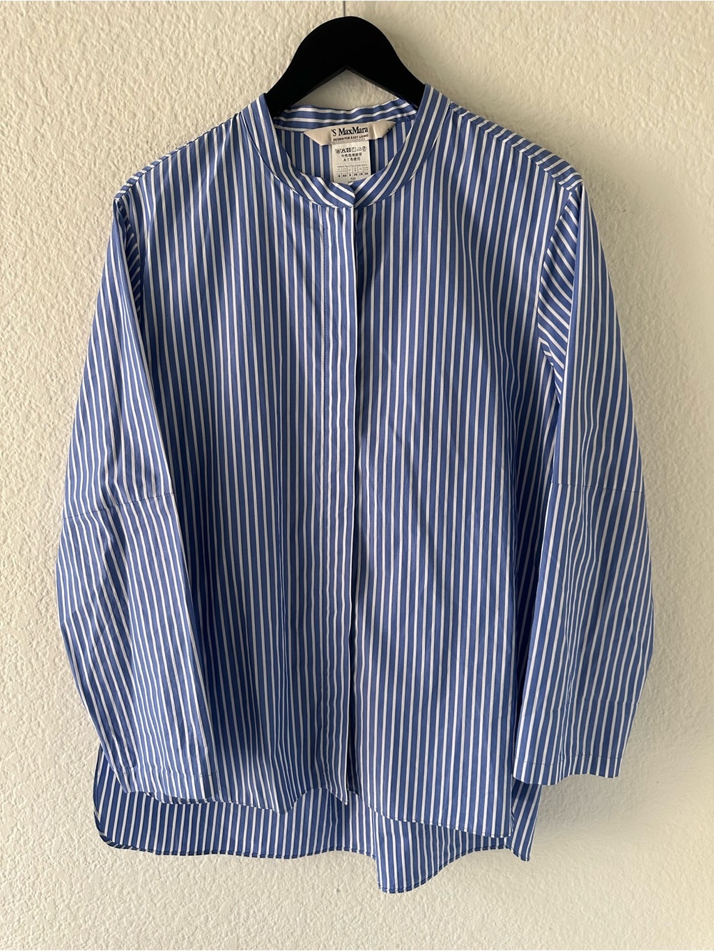 'S Max Mara Blue/White Striped Cotton Blouse Shirt Band Collar Size US 6 / IT 40